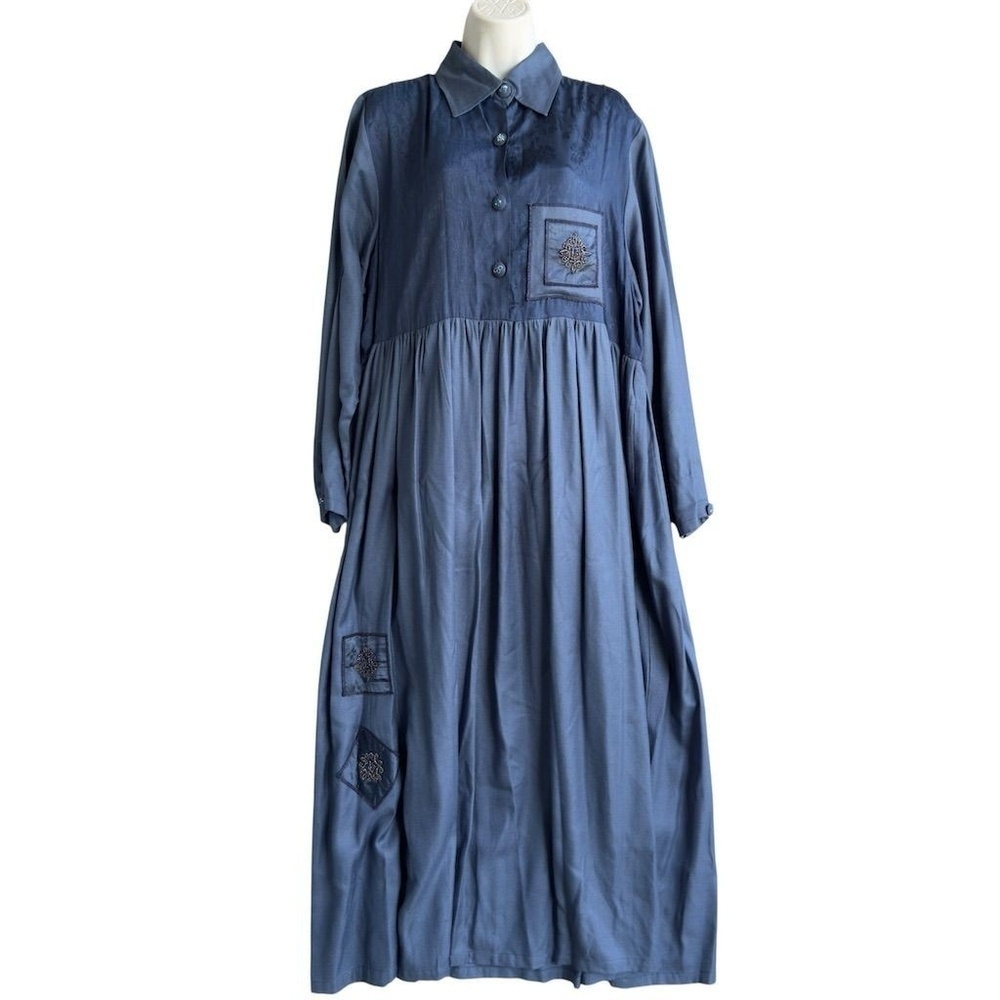VTG George Klein Maxi Cottagecore Boho Dress XL Blue Long Sleeve Rayon Relaxed